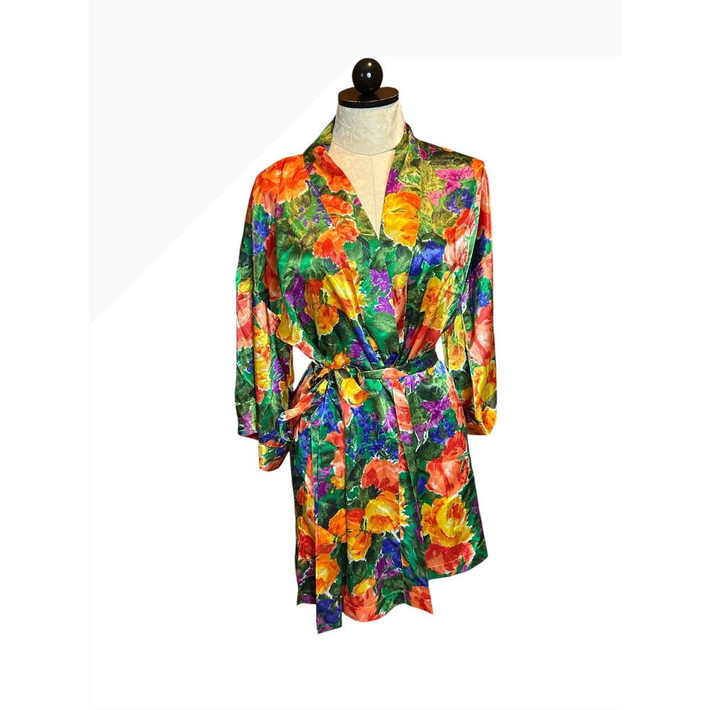 VTG Victorias Secret Gold Label Floral Satin Robe & Babydoll Set Sz S PETITE